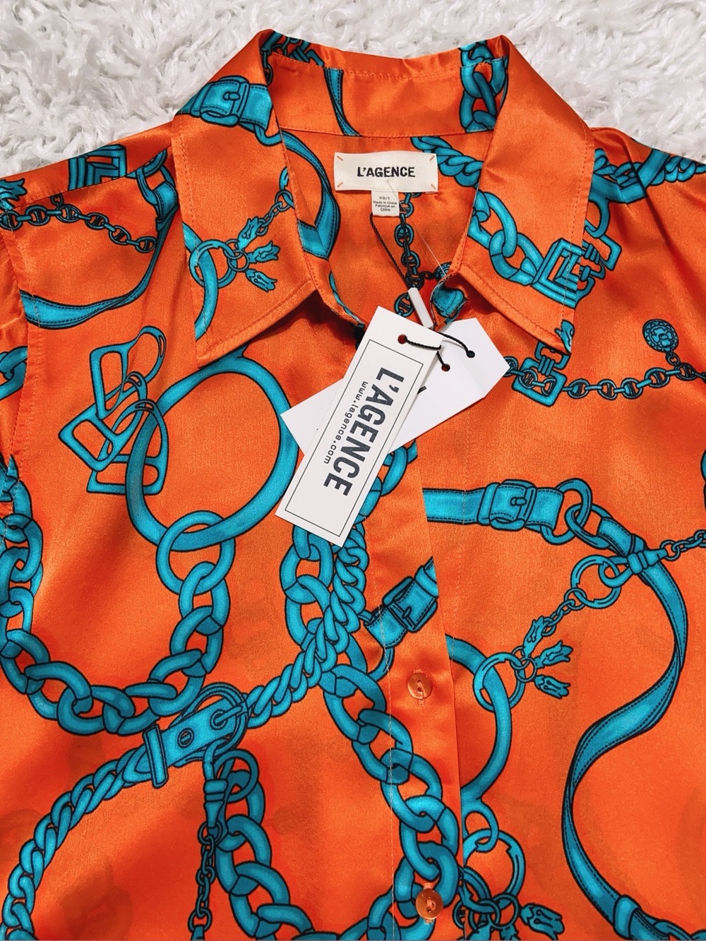 NWT L'Agence Buckle Chain Tyler Silk Blouse In Orangeteal Buckle Chain - Picture 7 of 7